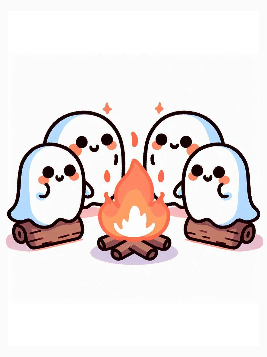 cute halloween drawings for kids 2 featuring four adorable ghosts seated around a warm, flickering campfire.